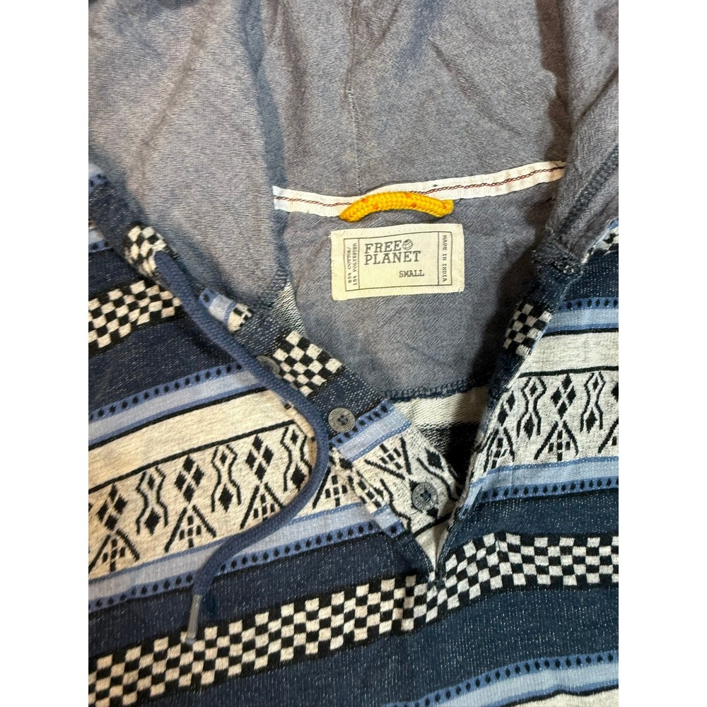 Free Planet Mens Small Blue Tribal Print Baja Hoodie Henley Pullover Sweatshirt